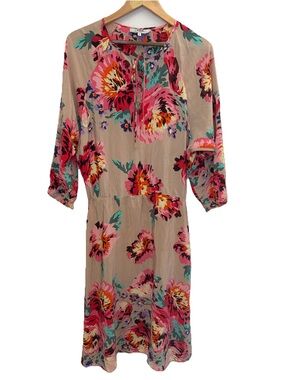 Tibi Silk Floral Midi Dress Women’s Smocked Sleeves Boho Tie-Neck Size 4